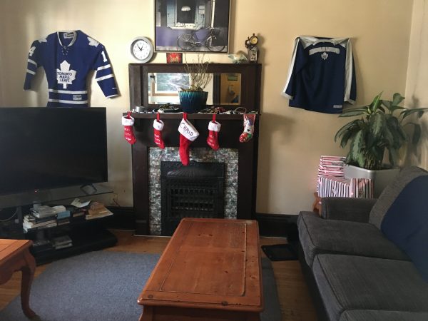 Room with fireplace with Christmas stockings
